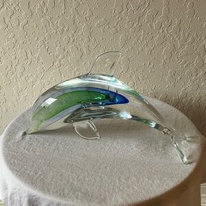Unbranded: Glass Jumping Dolphin Art Glass Decor- Blue/Green swirls
